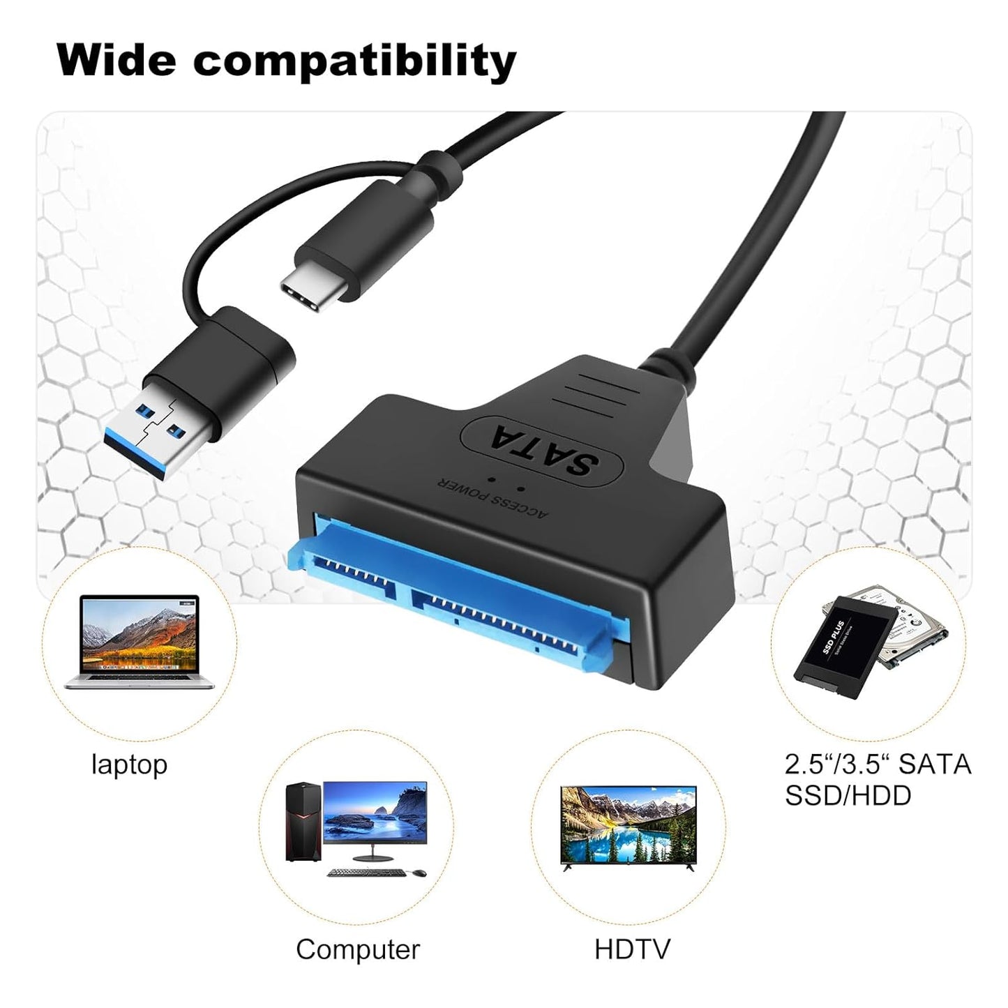 SATA To USB 3.0/Type-C Cable Up To 6 Gbps For 2.5 Inch External HDD SSD Hard Drive SATA 3 22 Pin Adapter