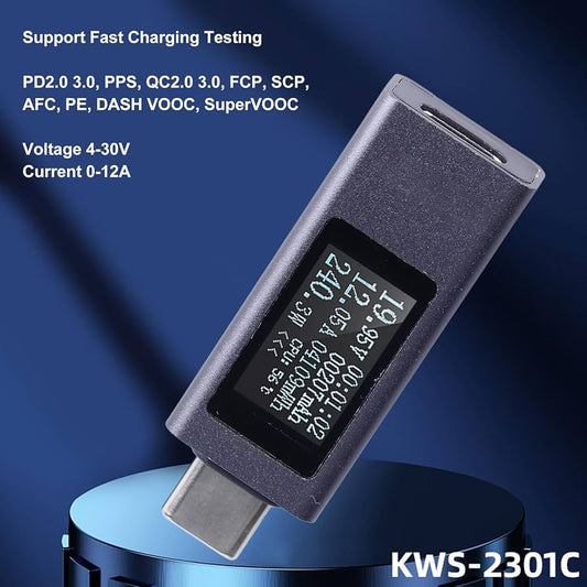 KWS-2301C Multi-function Digital Display DC Voltage Ammeter Power Amp Meter Type-c Cell Phone Charging Tester DC 4-30V 0-12A